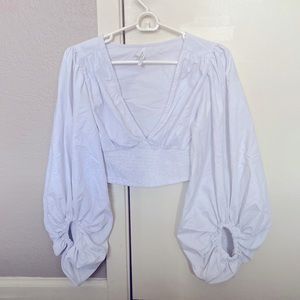 White open chest puffy sleeve blouse flexible stretchy waist band size small